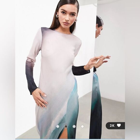 ASOS EDITION‎ LS Bias Cut Maxi Dress Placement Ombre Print US4 NWT IN PACKAGE - Picture 2 of 8